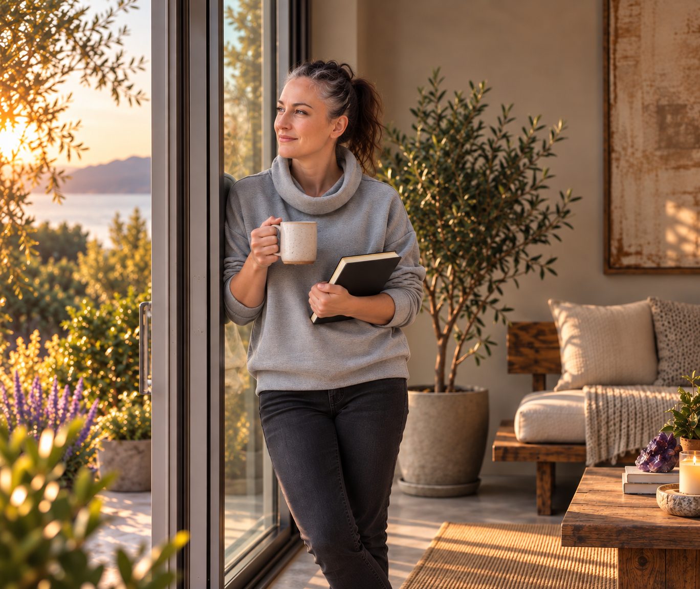 Hilary Leehane standing by a window with morning light, holding a cup of tea and a notebook