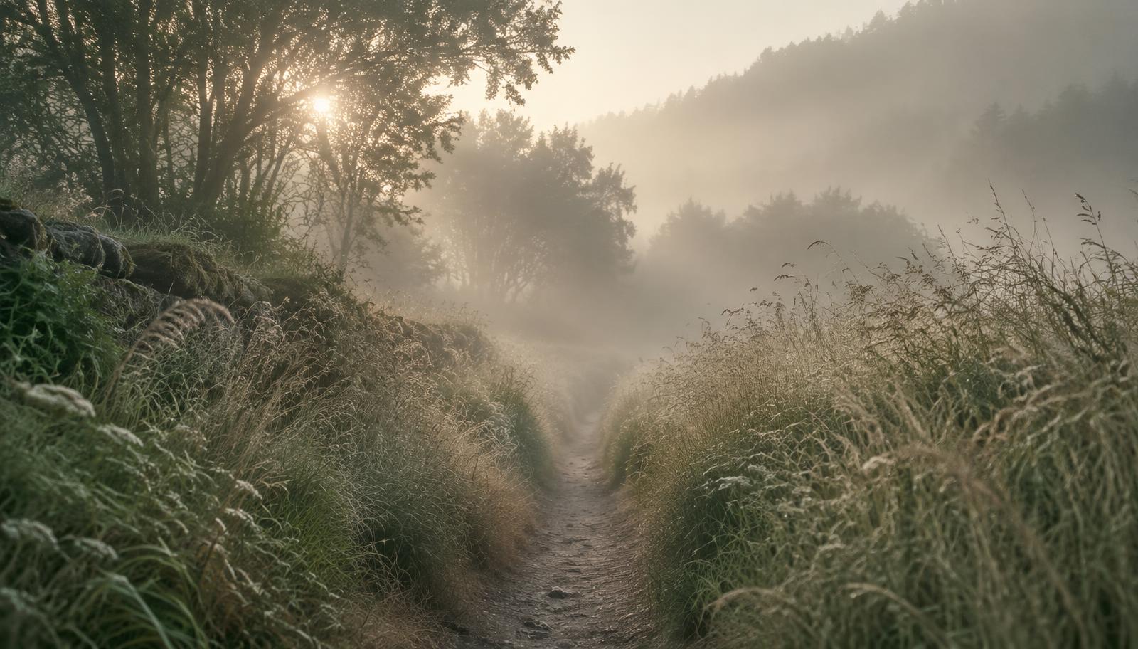 A quiet pathway disappearing into morning mist
